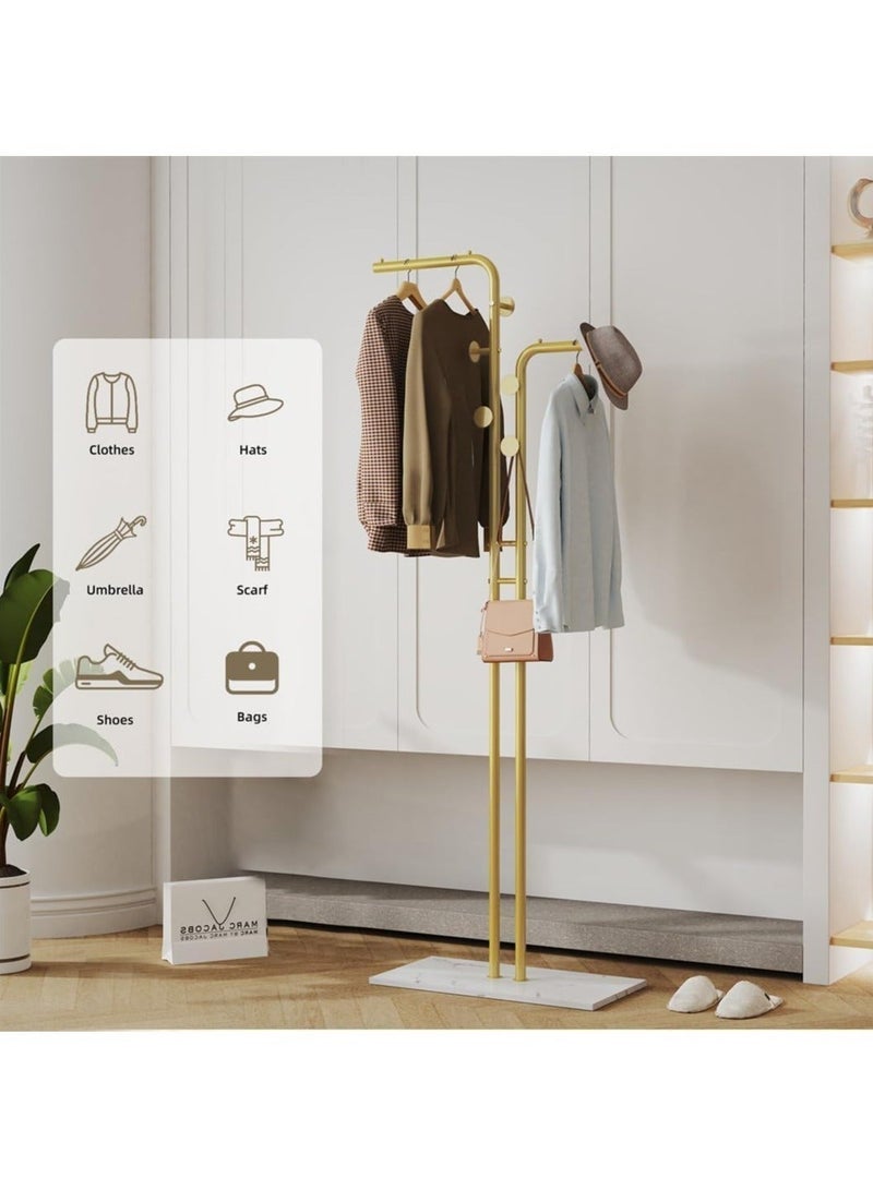 Beauenty Double-pole Metal Coat Rack, Gold Coat Rack Freestanding with 5 Hooks and Marble Base, Gold Clothing Rack, Modern Coat Hanger Stand for Entryway, Living Room, Bedroom - Image 4